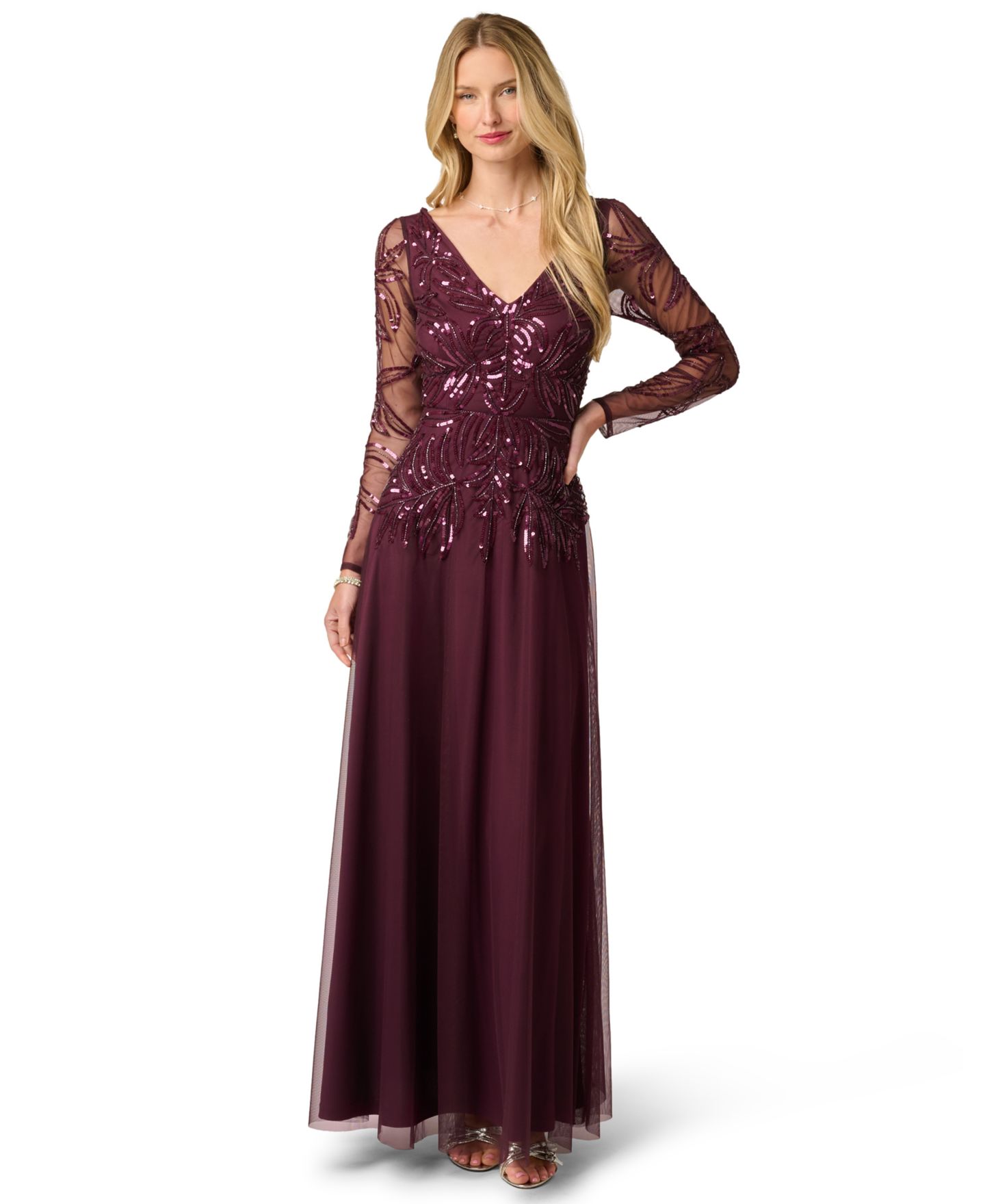 Женское платье Adrianna Papell Petite Long-Sleeve Sequined V-Neck Gown, цвет: Ночной сливовый — фото 2