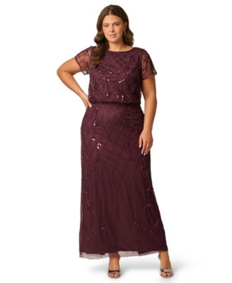 Plus Size Bead Blouson Sequin Short-Sleeve Boat Neck Gown