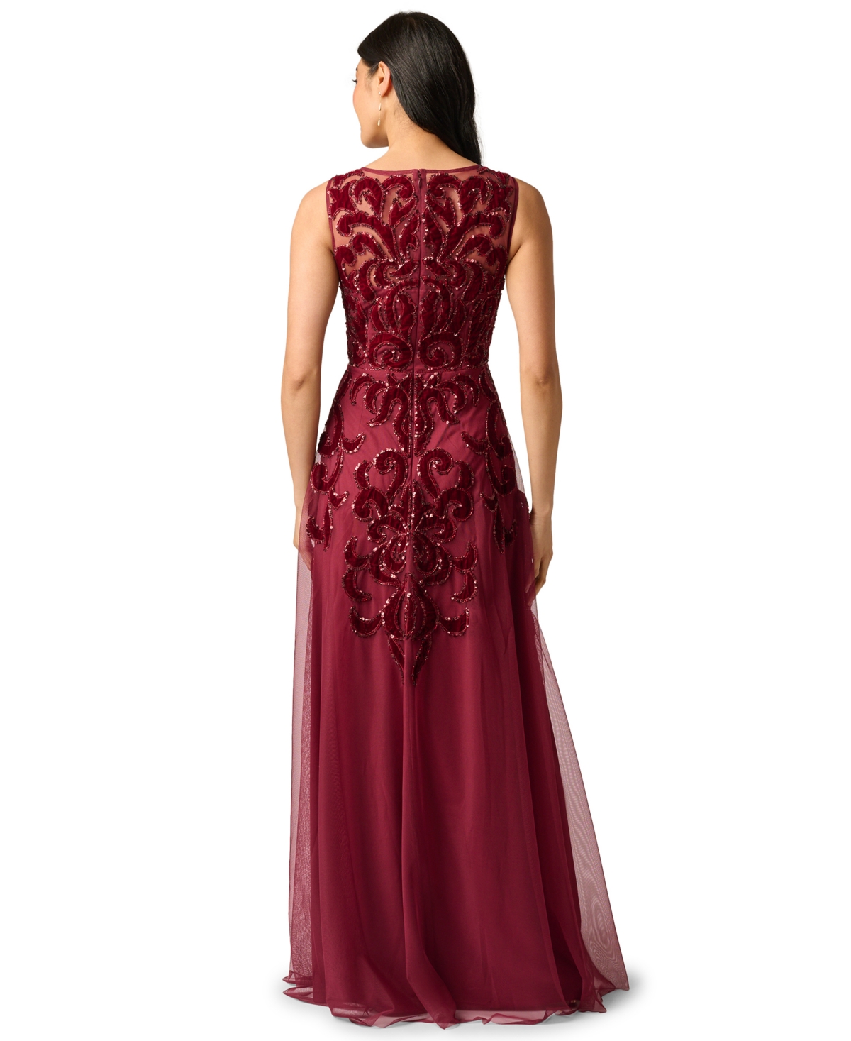 Adrianna Papell Women's Illusion Bead Mesh Long Wedding Guest Beaded Dress