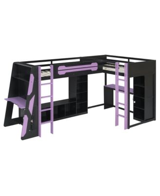 L-Shaped Wooden twin Size Gaming Bed Frame with RGB LED Lights, Dual twin Beds,Space-Saving Wood Loft Bed for Teens