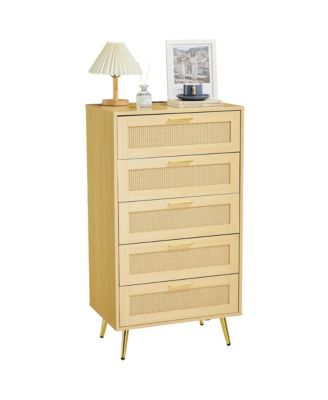 Modern Rattan 5-Drawer Dresser with Metal Handles and Splayed Legs – MDF Tall Chest of Drawers for Bedroom, Entryway and Living Room Storage