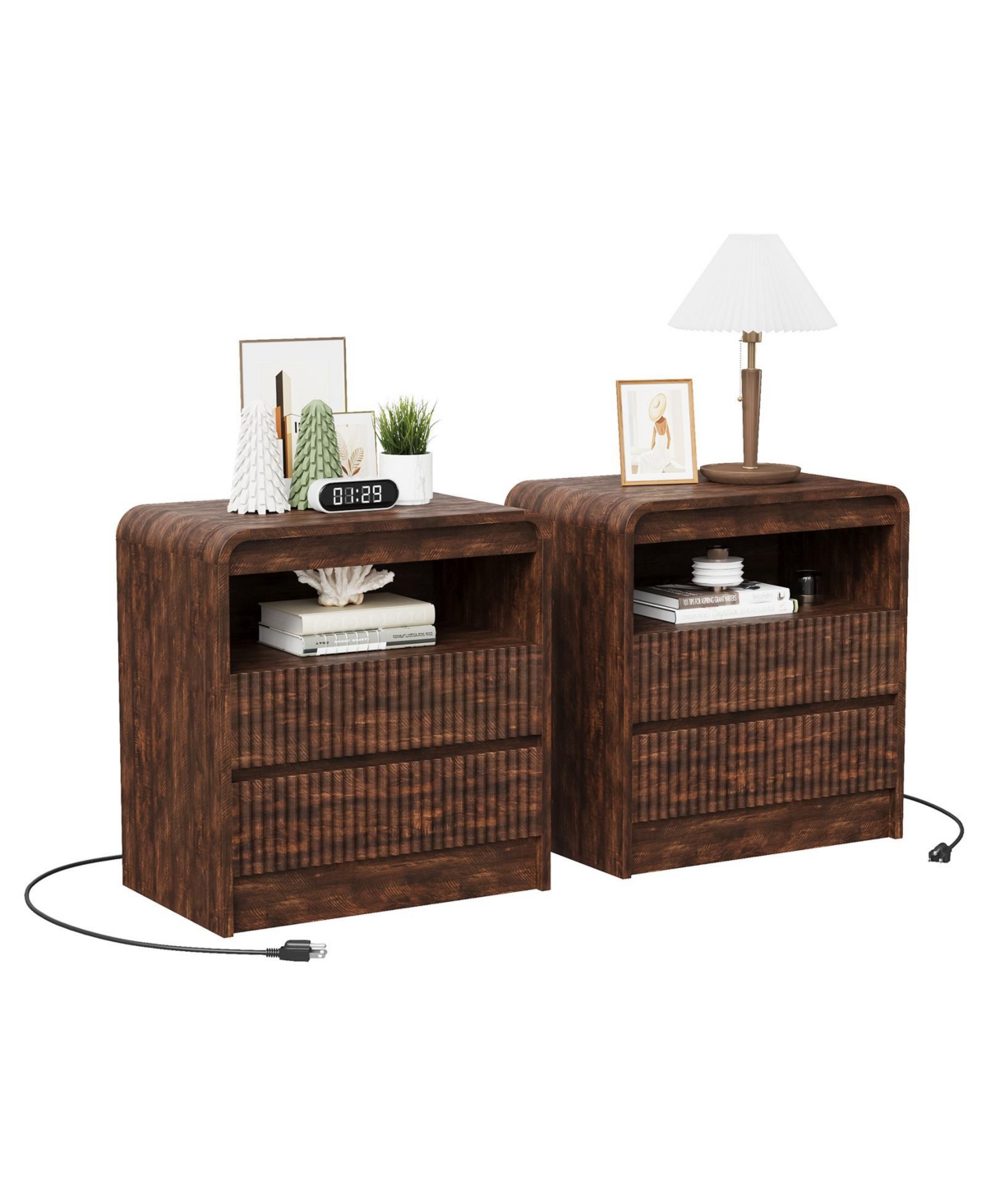 homfan Set of 2 Brown Fluted Nightstands with Charging Station and 2 Drawers
