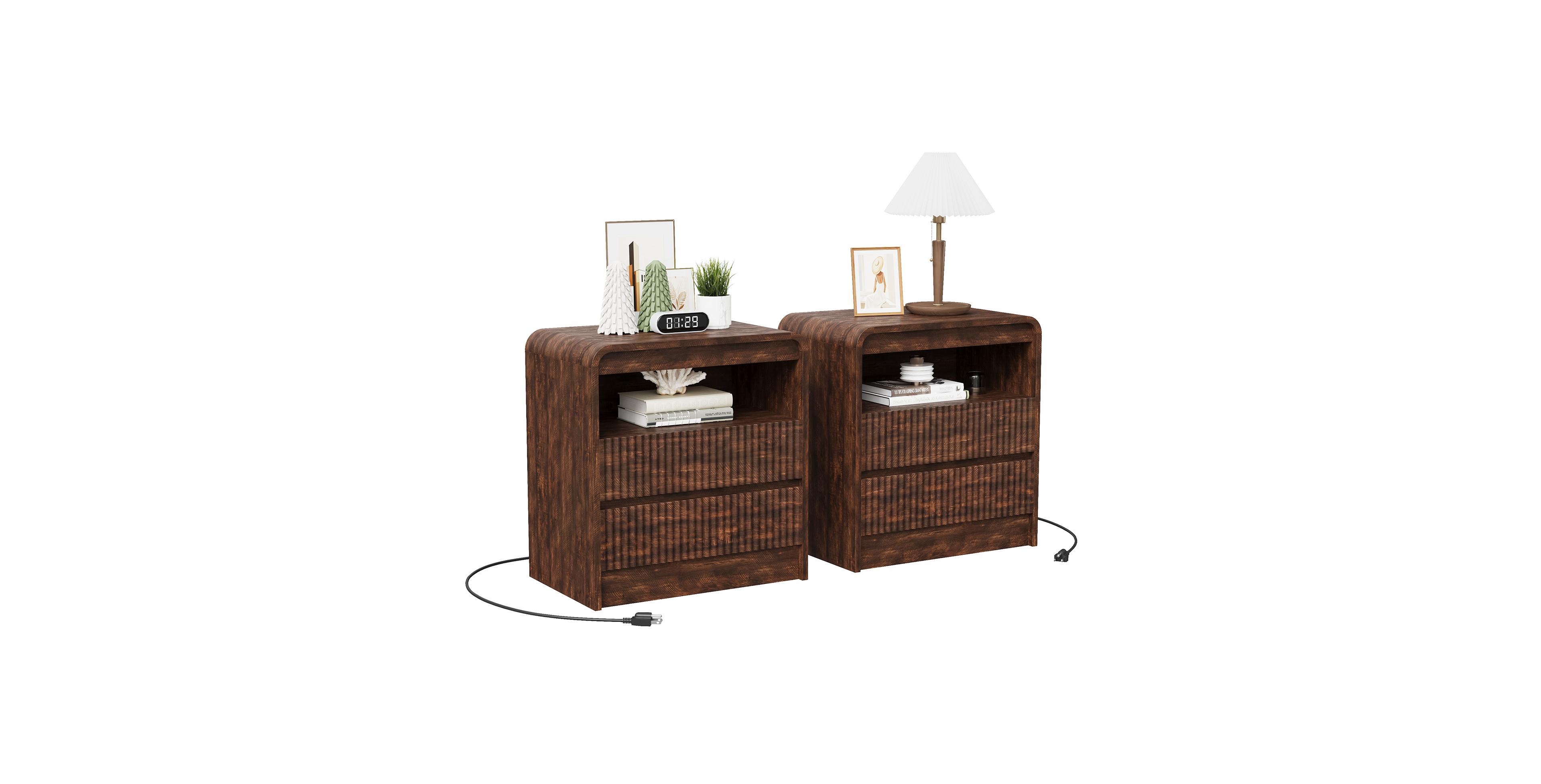 homfan Set of 2 Brown Fluted Nightstands with Charging Station and 2 Drawers