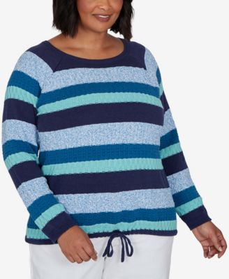 Plus Size Scoop Neck Long-Sleeve Marled-Stripe Pullover Sweater