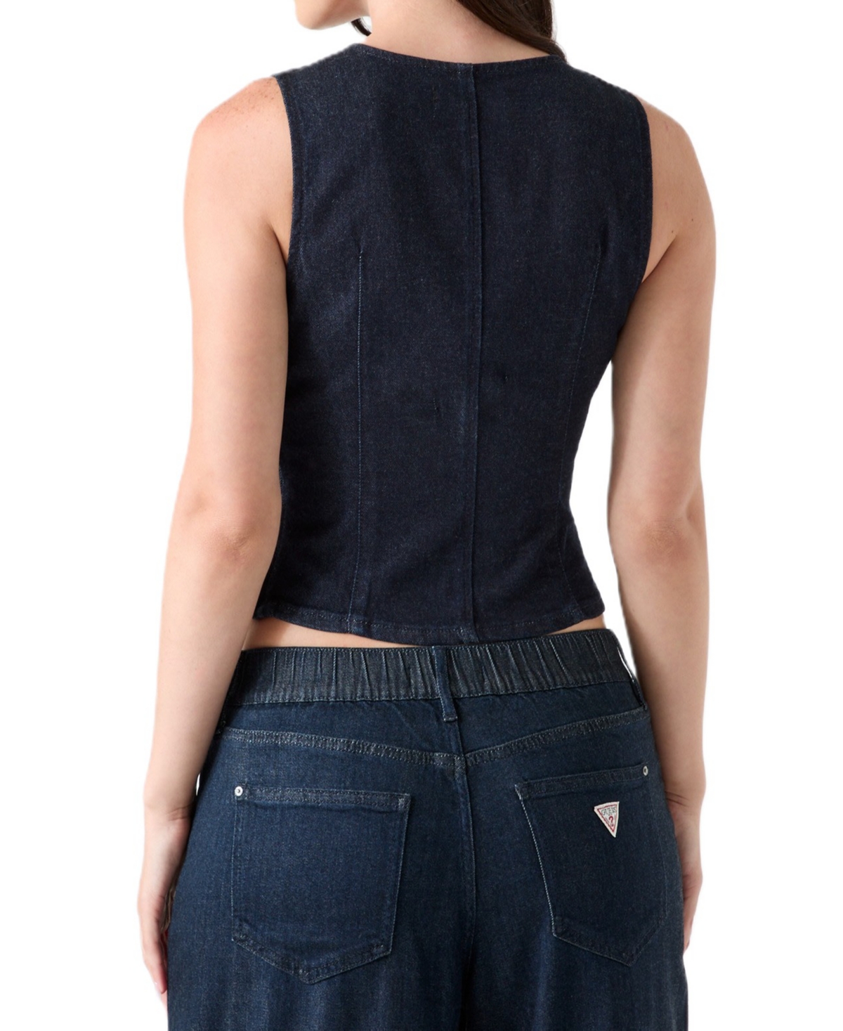 Guess Women's Briley Plunging V-Neck Cropped Sleeveless Denim Top