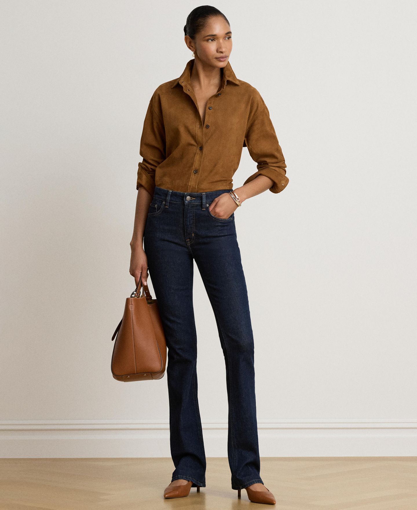 Женская рубашка Lauren Ralph Lauren Goat-Suede Relaxed-Fit Long-Sleeve Shirt, цвет: Светлый табачный — фото 4