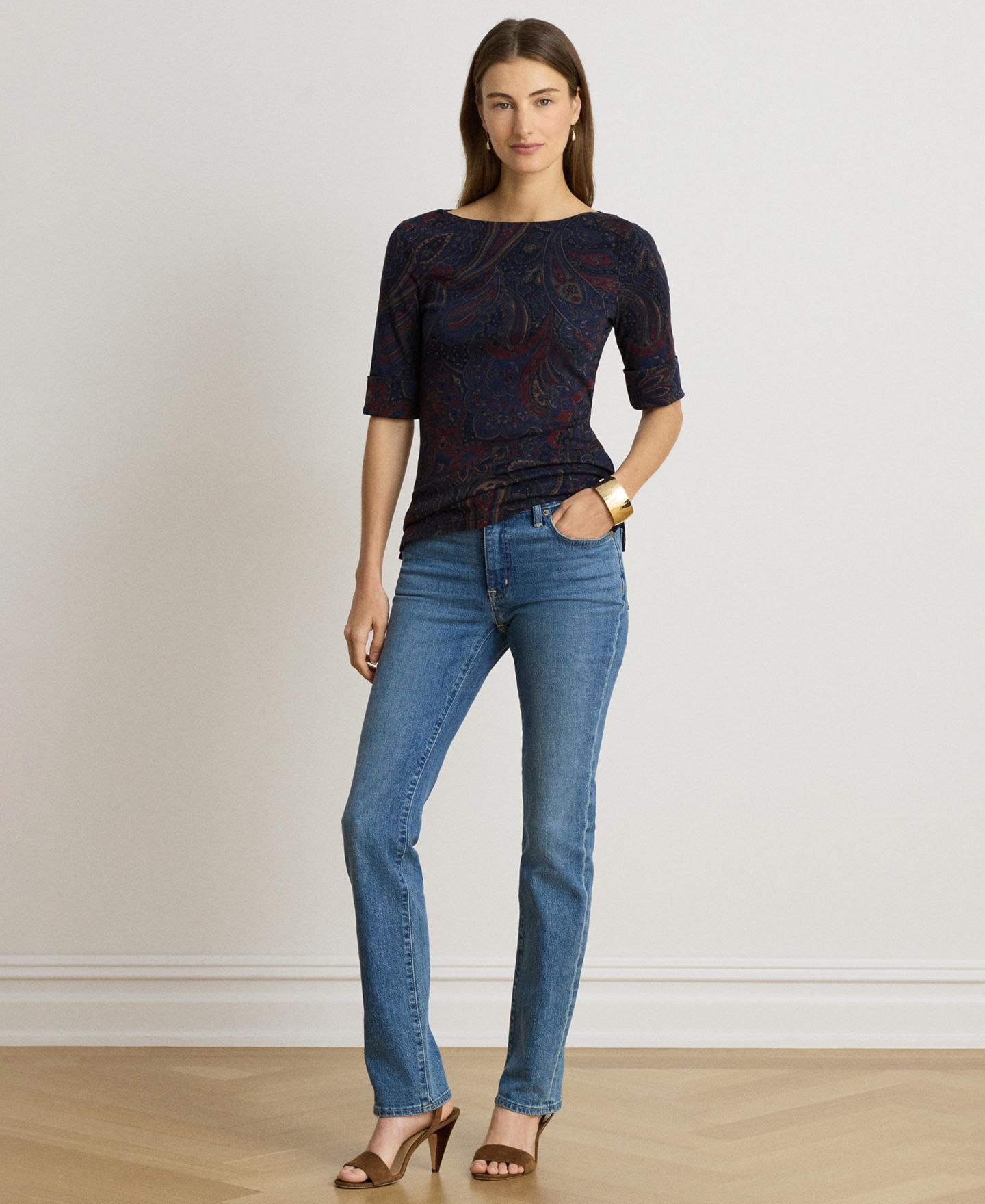 Женская футболка Lauren Ralph Lauren Paisley Boatneck Elbow-Length-Sleeve, цвет: Тёмно-синий разноцветный — фото 2