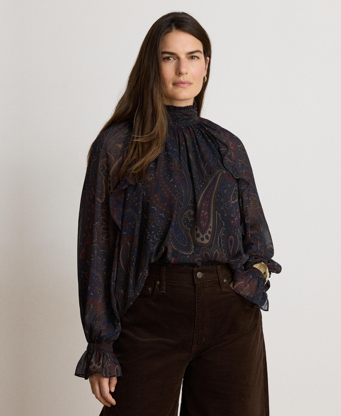 Женская блузка Lauren Ralph Lauren с узором пейсли, воротник-стойка, длинный рукав, цвет: Тёмно-синий разноцветный — фото 2