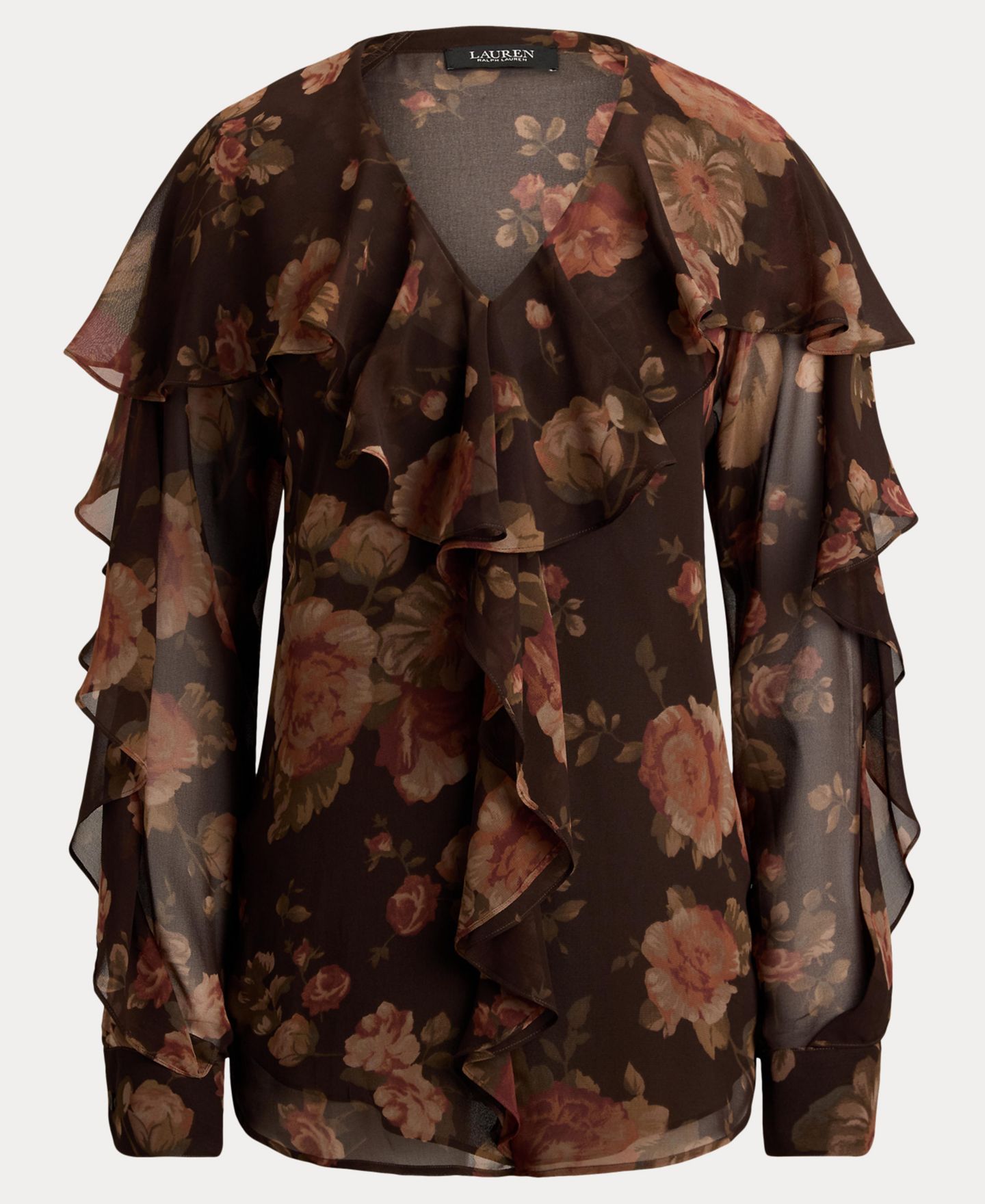 Женская блузка Lauren Ralph Lauren Graceful Floral-Print Ruffle-Trim Chiffon V-Neck, цвет: Коричневый разноцветный — фото 7