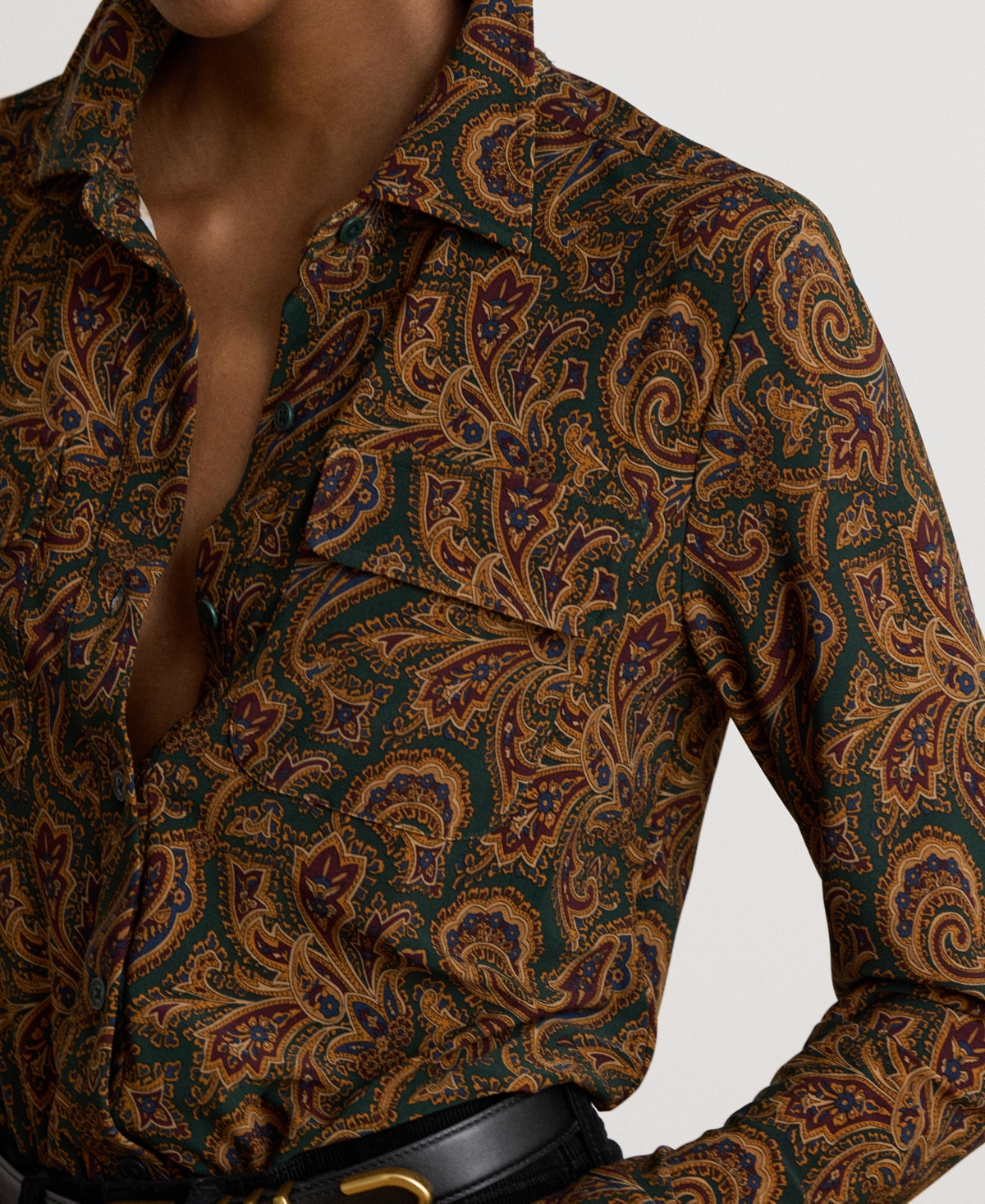 Lauren Ralph Women's Paisley Stretch Jersey Shirt Long-Sleeve Button-Up Blouse