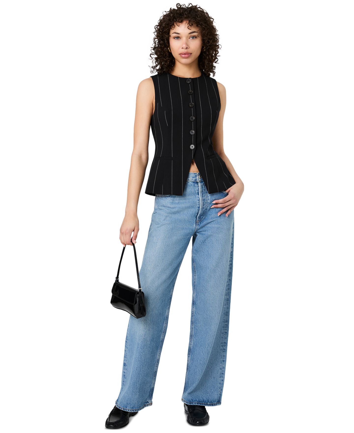 Женский топ French Connection Wide Pinstripe Suiting Sleeveless Peplum, цвет: Чёрный / Белый — фото 10