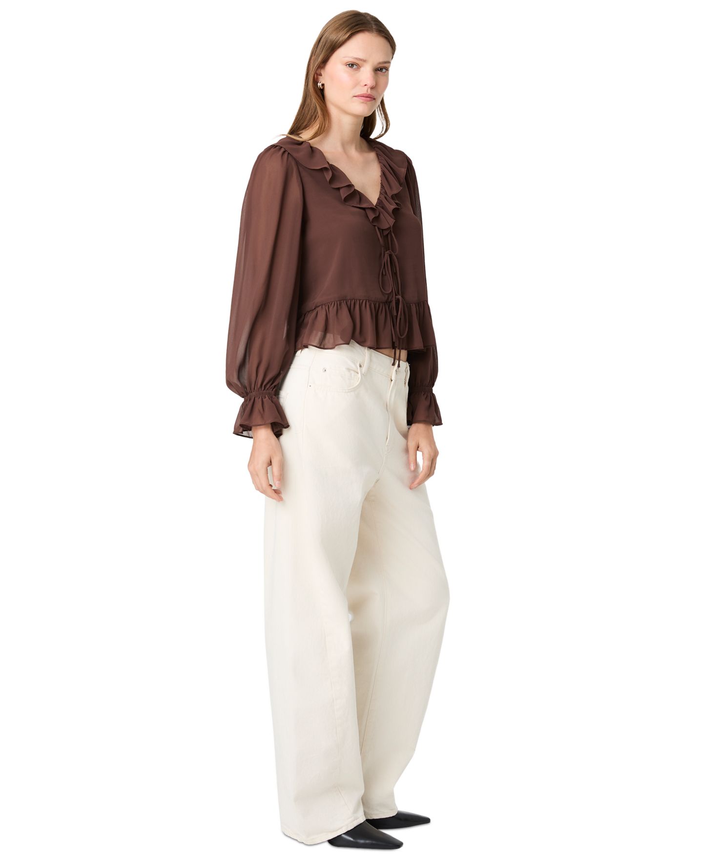 Женская блузка French Connection Marina Long-Sleeve V-Neck Tie-Front, цвет: Какао коричневый — фото 4