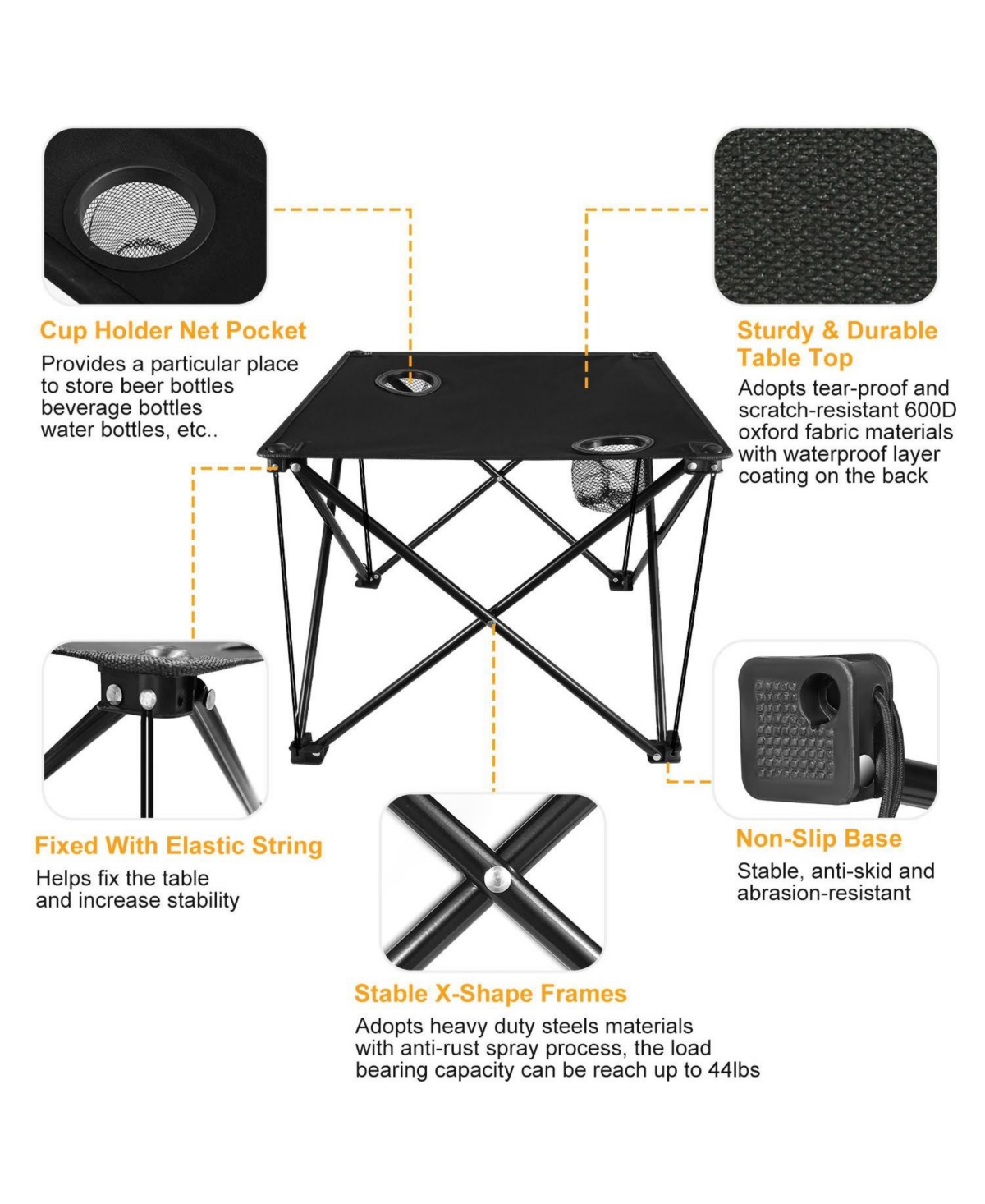 Mountaintop Portable Folding Camp Table, Ultralight 2lb Mini Square Table with 600D Oxford Top, 2 Cup Holders for Picnic Travel