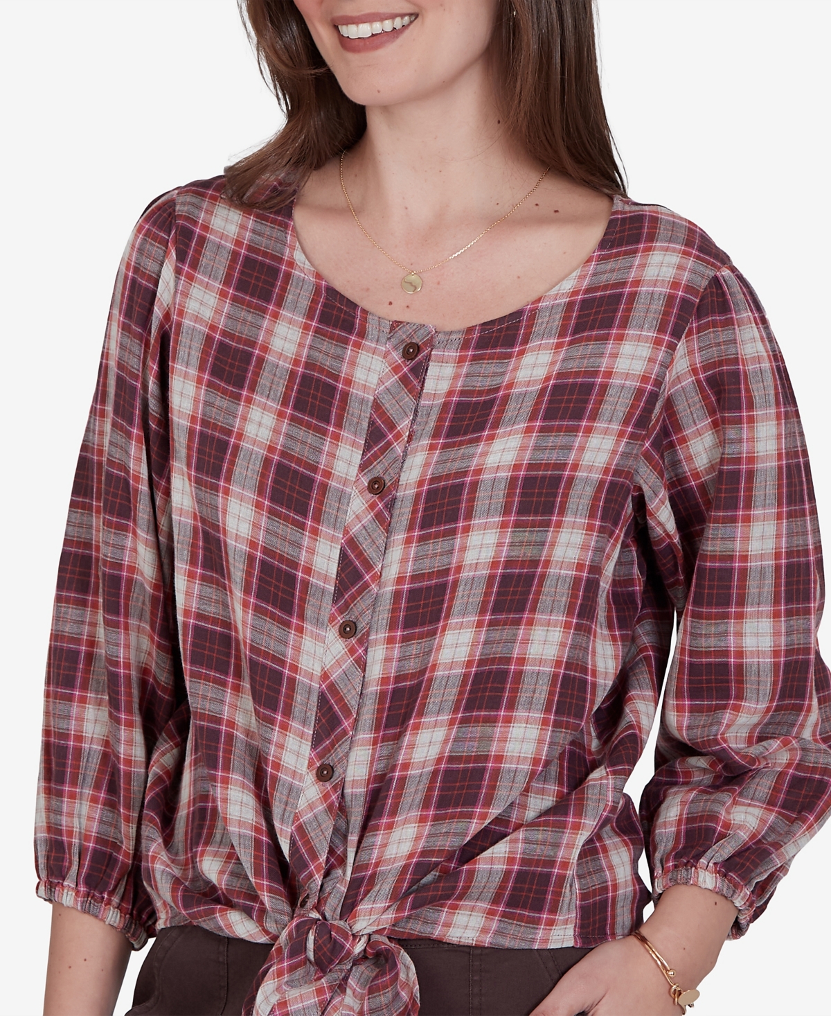 Ruby Rd. Petite Homestead Plaid 3/4-sleeve Button-front Top In Multi
