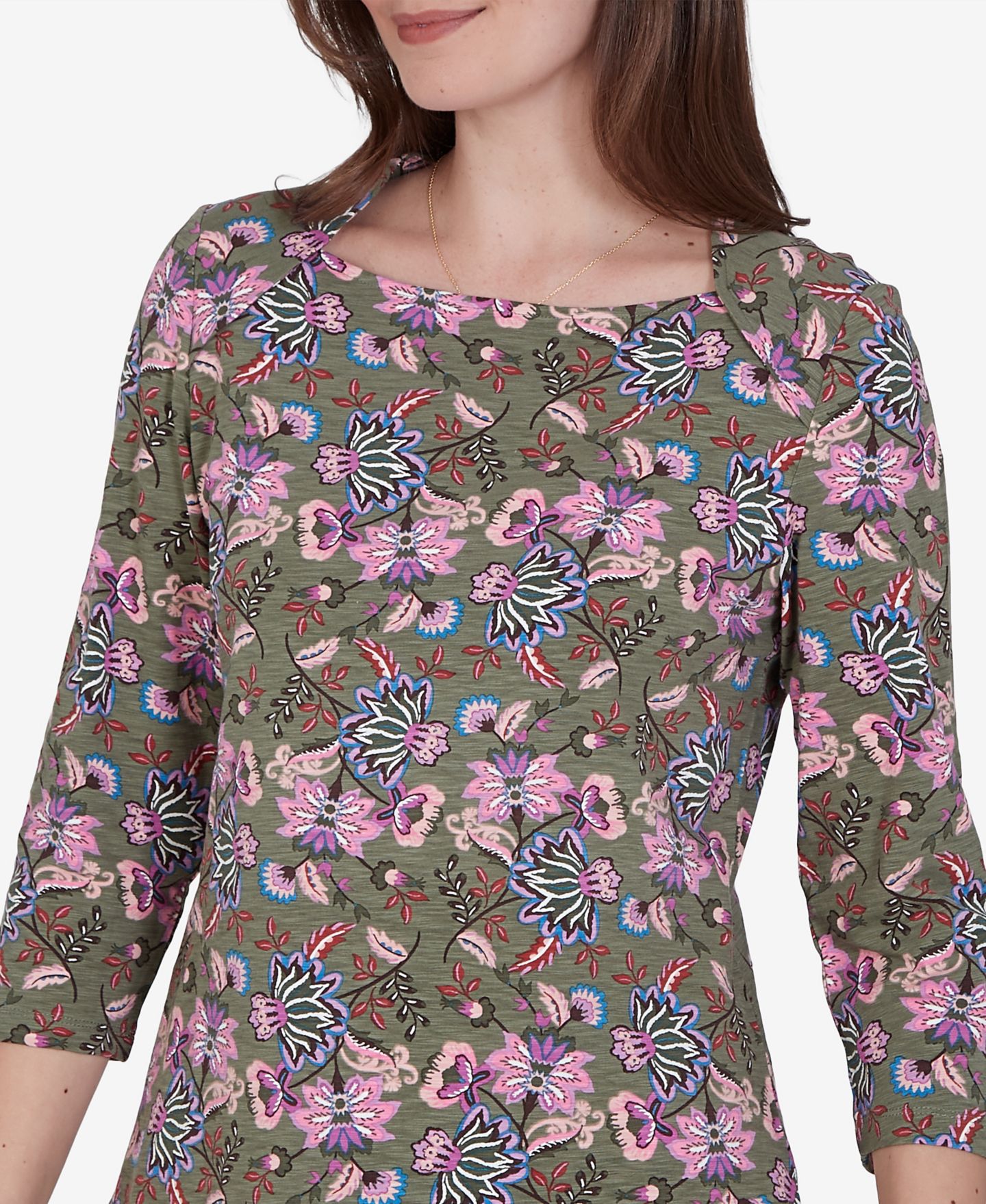 Женская блузка Ruby Rd. Petite Kint Garden Top Square-Neck 3/4-Sleeve Floral, цвет: Разноцветный — фото 4