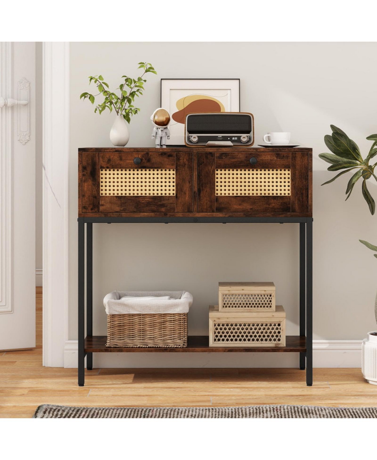 Sugift Boho Rattan Console Table with 2 Woven Drawers and Open Storage Shelf