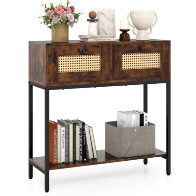 Boho Rattan Console Table with 2 Woven Drawers and Open Storage Shelf