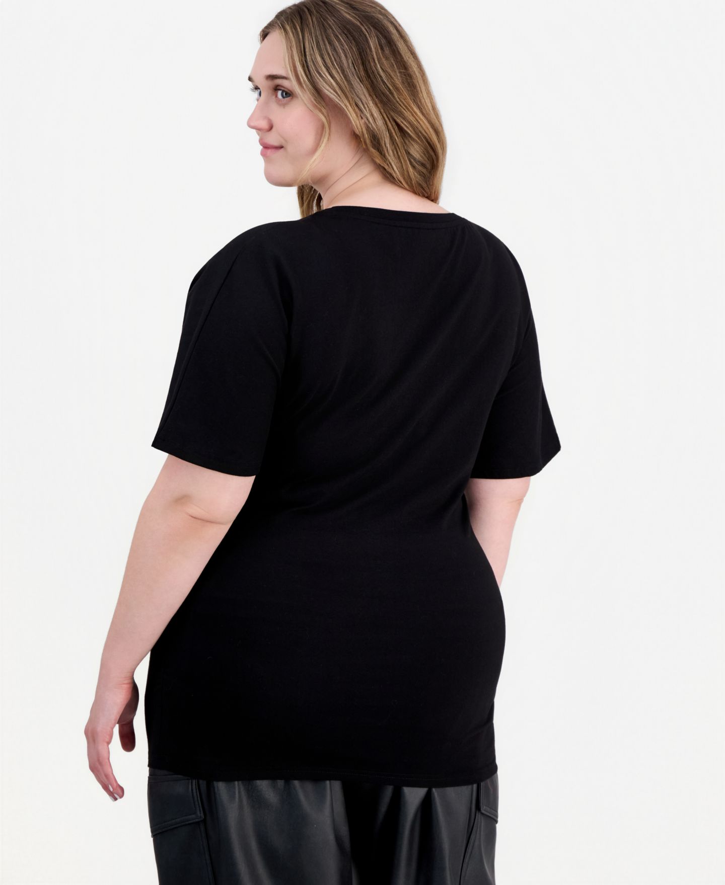 Женская футболка FULL CIRCLE TRENDS Plus Size Kimino Fitted Ruched Cotton-Blend Crew Neck, цвет: Чёрный — фото 2