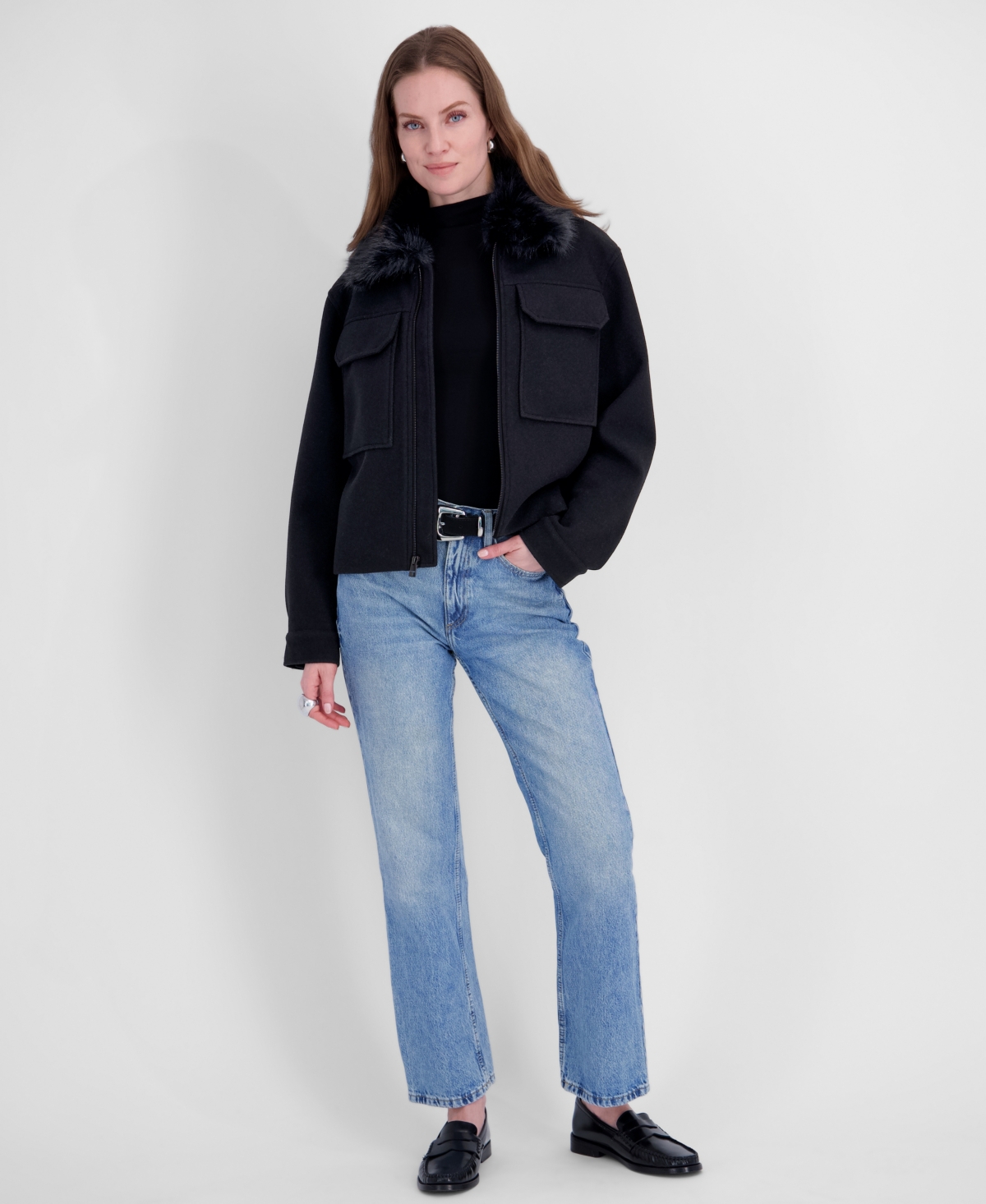 Tahari Women's Detachable Faux-Fur Collar Cropped Coat
