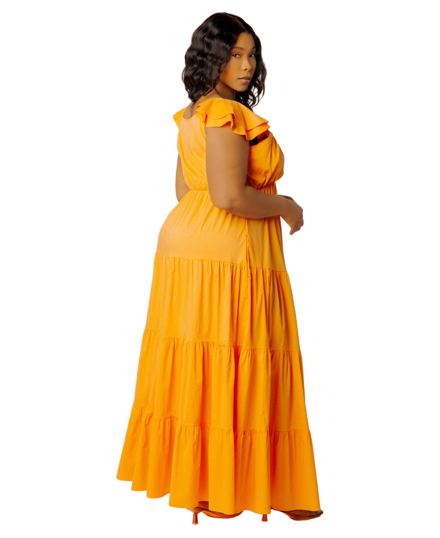 Женское платье Buxom Couture Plus Size Flutter-Sleeve Tiered Maxi, цвет: Абрикосовый — фото 3