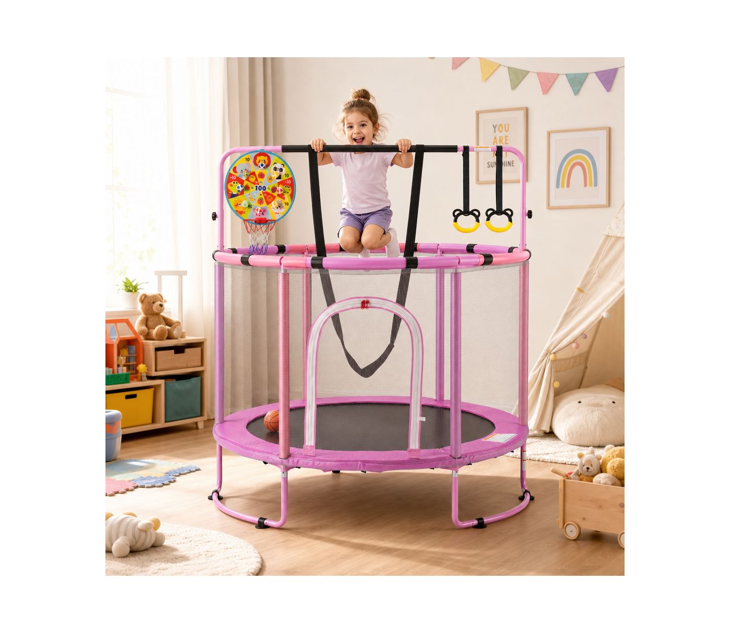 Детская игрушка SUGIFT 55" Kids Trampoline with Basketball Hoop & Adjustable Gymnastics Bar, Ages 3+, цвет: Фиолетовый — фото 3