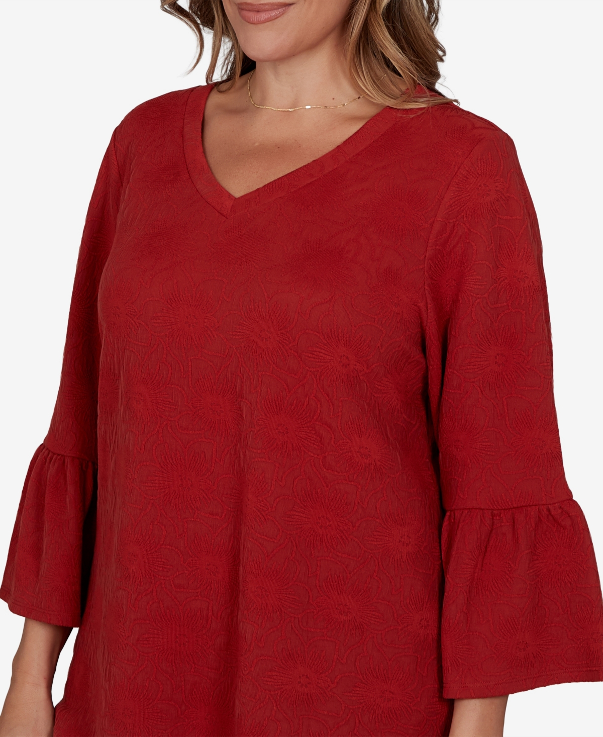 Ruby Rd. Plus Size V-neck Floral Bell-sleeve Blouse In Red