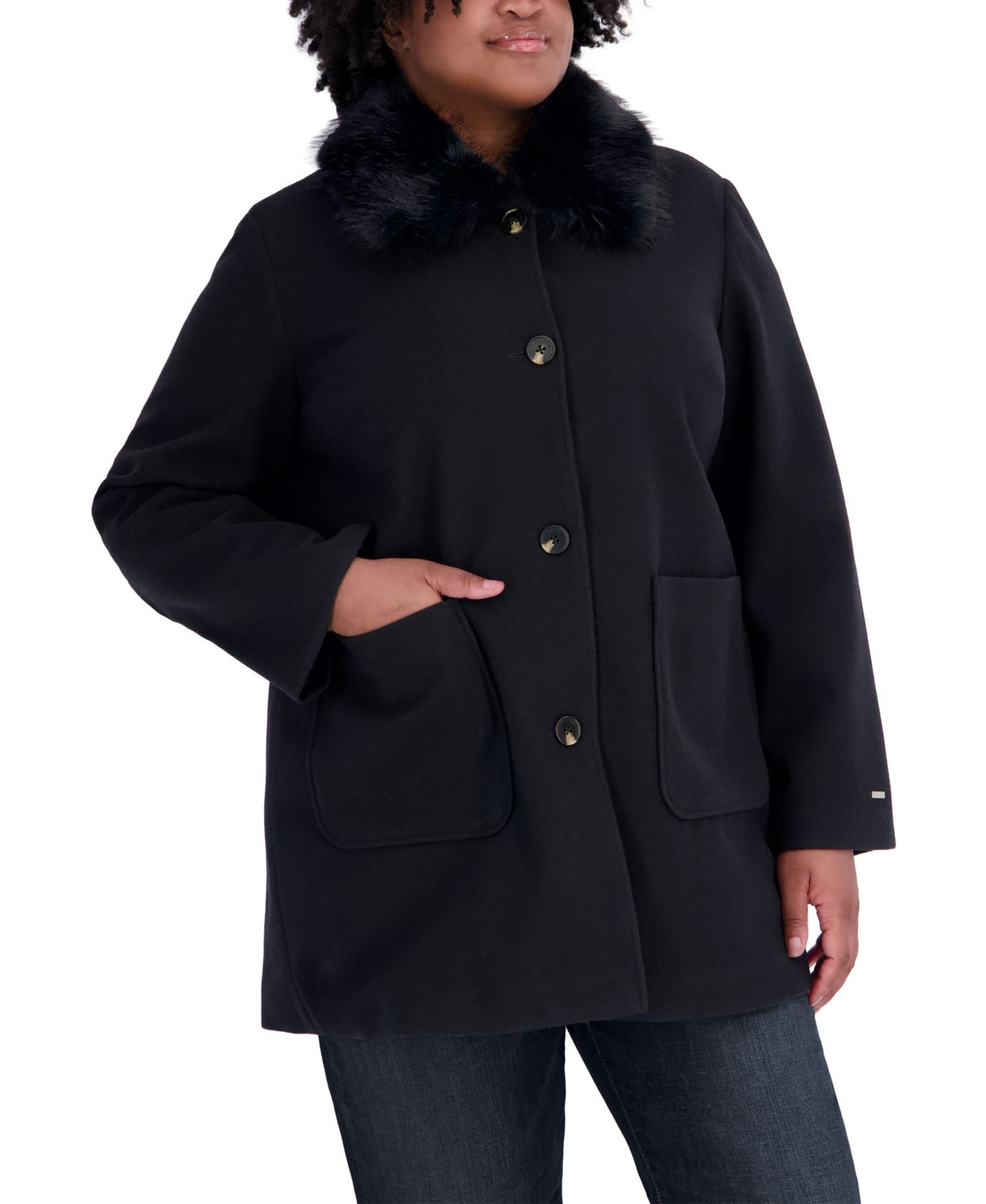 Женское пальто Tahari Plus Size Faux-Fur-Collar Car, цвет: Чёрный — фото 2