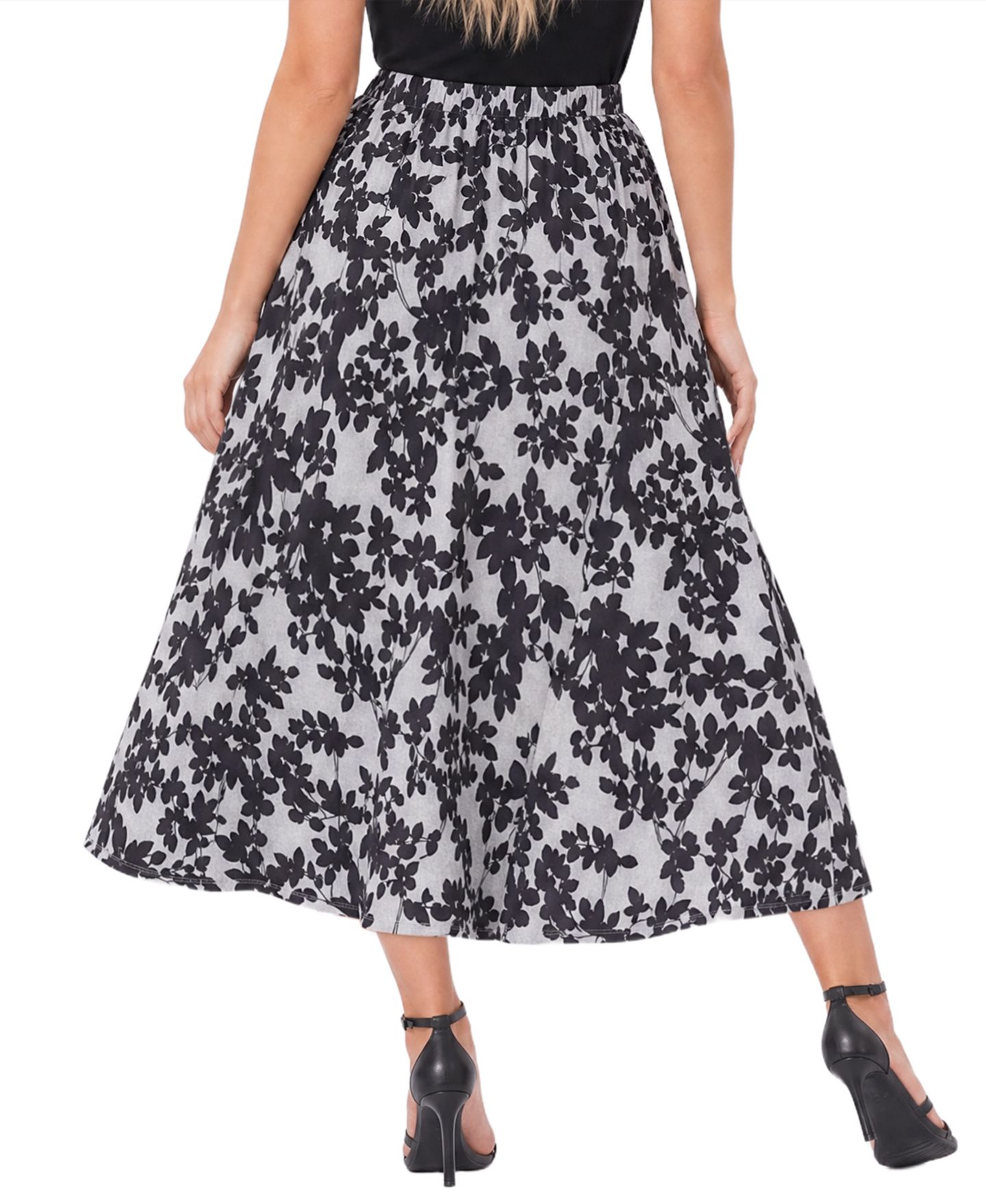 Женская юбка NY Collection Petite High-Waisted Midi A-Line, цвет: Чёрный серый с принтом — фото 4