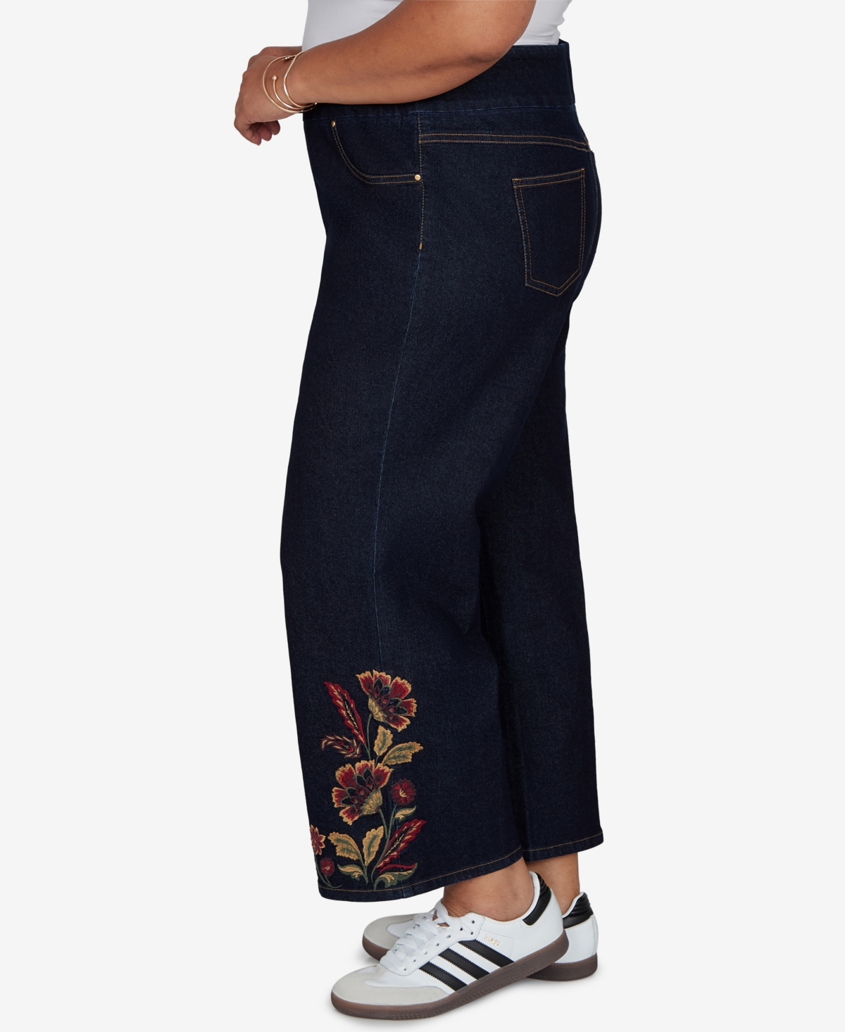 Ruby Rd. Plus Size Pull-on Wide-leg Embroidered Jeans In Blue