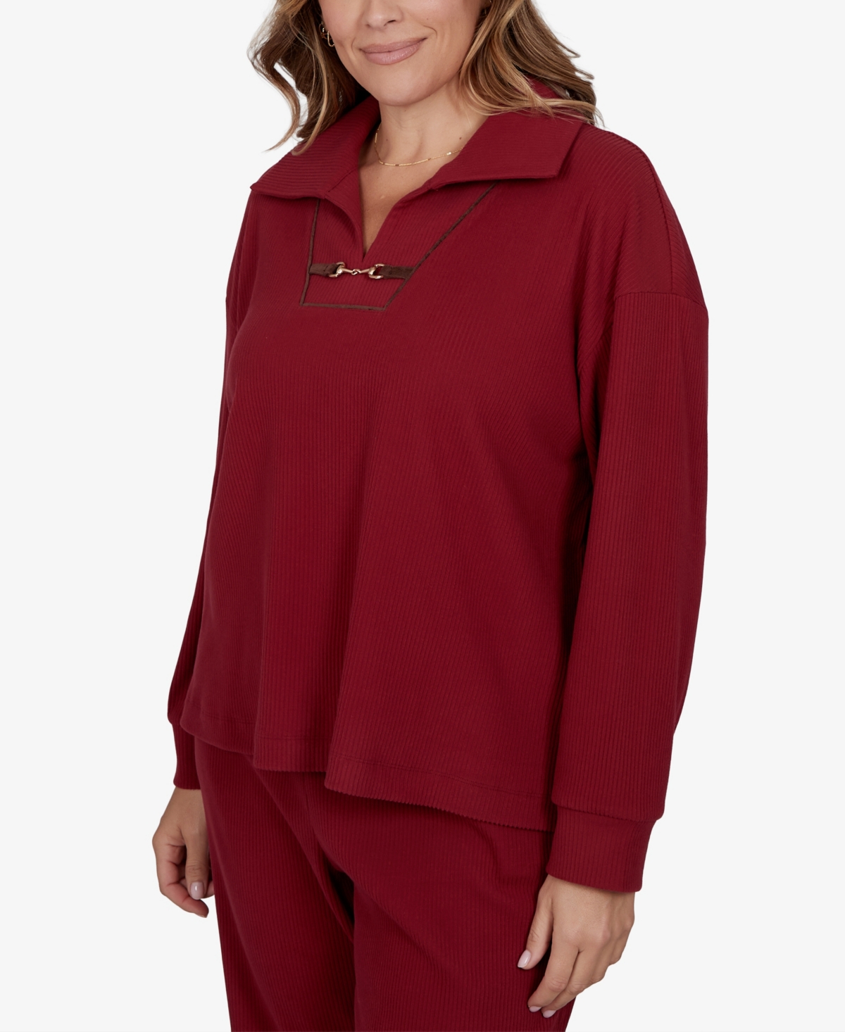 Ruby Rd. Plus Size Collared Long-sleeve Ribbed Top In Red