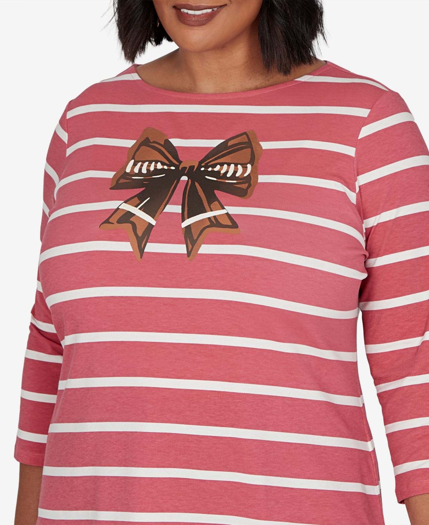 Женская футболка Ruby Rd. Plus Size Boat Neck 3/4-Sleeve Striped, цвет: Розовый разноцветный — фото 4