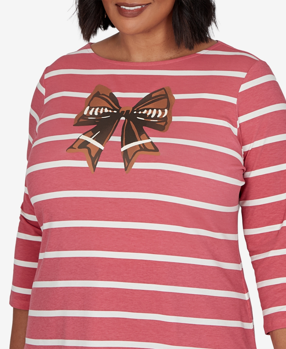 Ruby Rd. Plus Size Boat Neck 3/4-sleeve Striped T-shirt In Red
