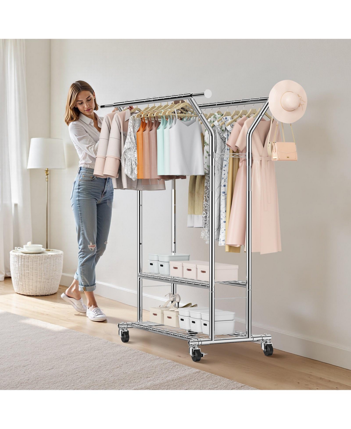 Slickblue Carbon Steel Rolling Clothing Rack with 2 Hanging Rods and 2 Storage Shelves for Home