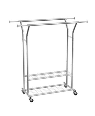Carbon Steel Rolling Clothing Rack with 2 Hanging Rods and 2 Storage Shelves for Home