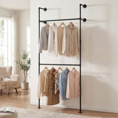 Wall Mounted Pipe Clothing Rack with 2 Hanging Rods Industrial Double Tier Garment Display
