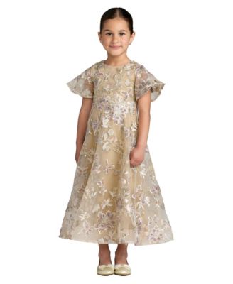 Little Girls Floral Embroidered Mesh Flutter Sleeve Dress