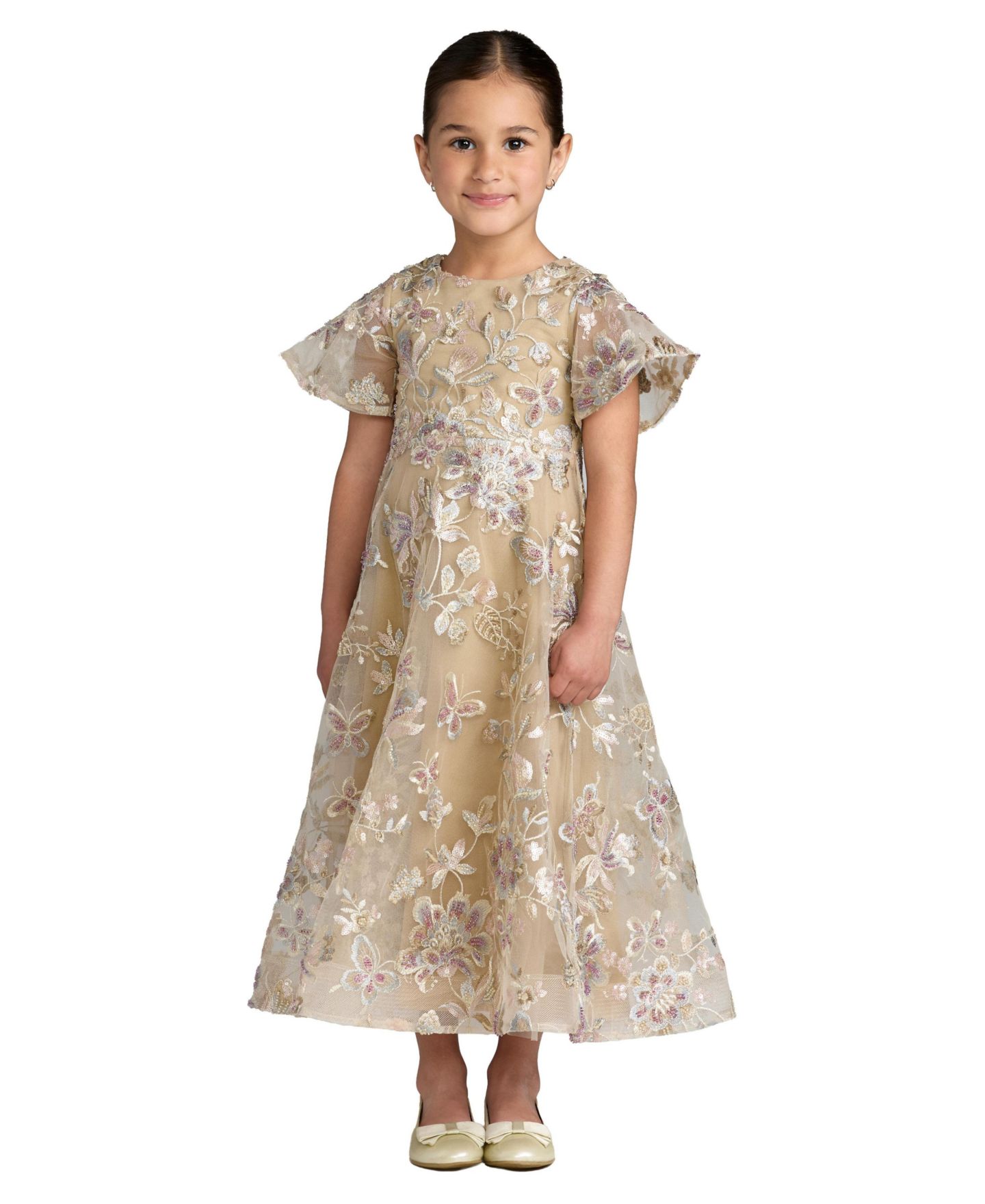 Платье Mac Duggal Floral Embroidered Mesh Flutter Sleeve Dress для девочек, цвет: Телесный — фото 1