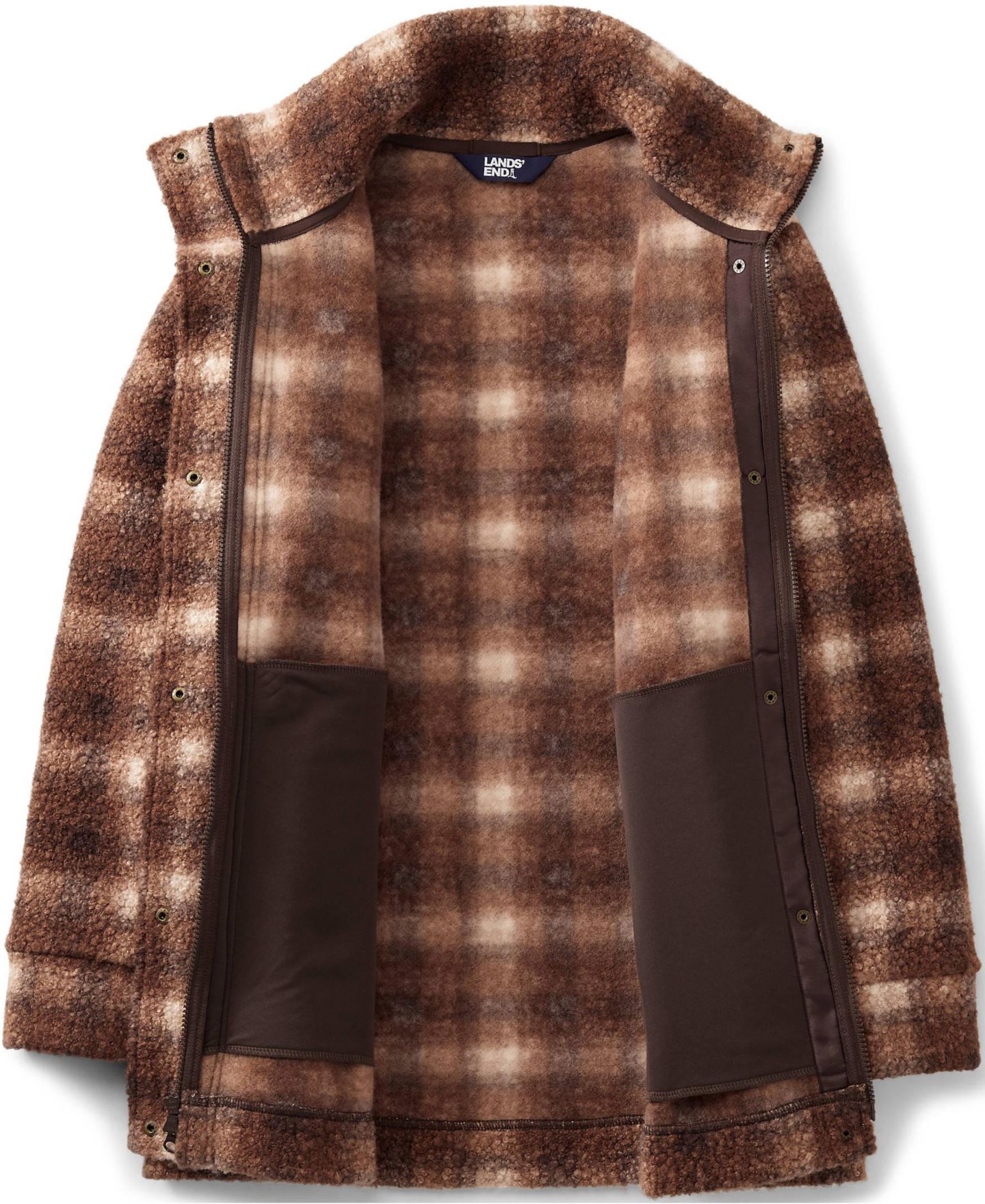 Женское пальто Lands' End Plus Size Plaid Boucle Fleece, цвет: Кофейный клетчатый — фото 4