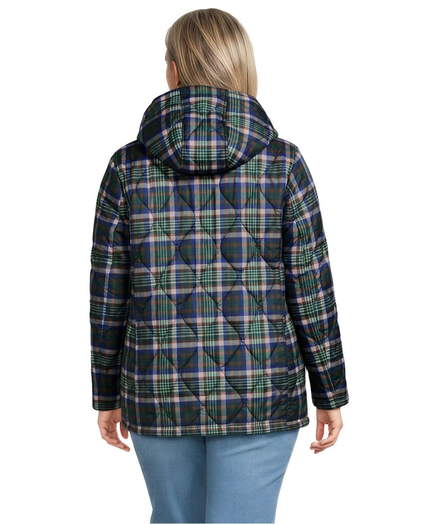 Женская куртка Lands' End Plus Size Print FeatherFree Quilted Insulated, цвет: Орех / Сосновый клетчатый — фото 2