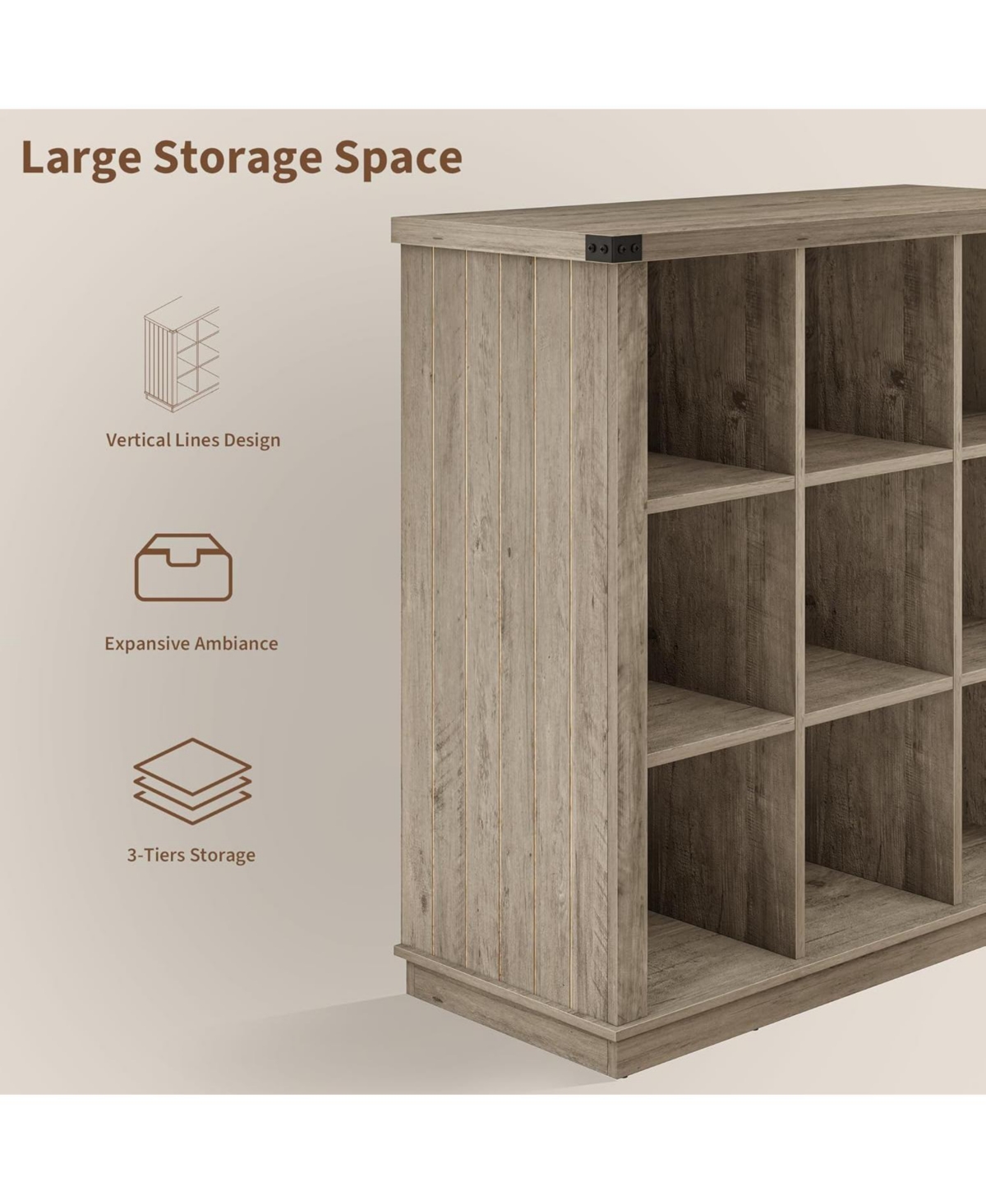 37.4" 9-Cube Farmhouse Horizontal Bookcase, 4-Tier Storage Organizer for Entryway and Living Room