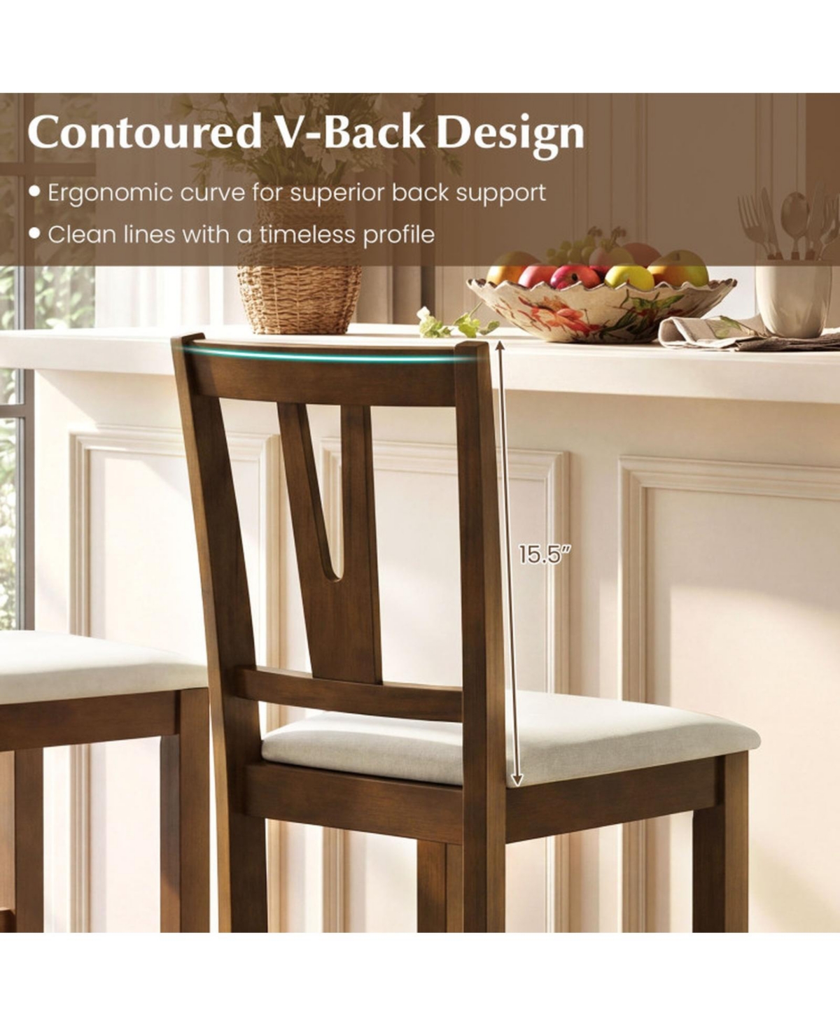 Sugift Counter Height Bar Stools Set of 2 with Contoured V-Back and Upholstered Cushioned Seat