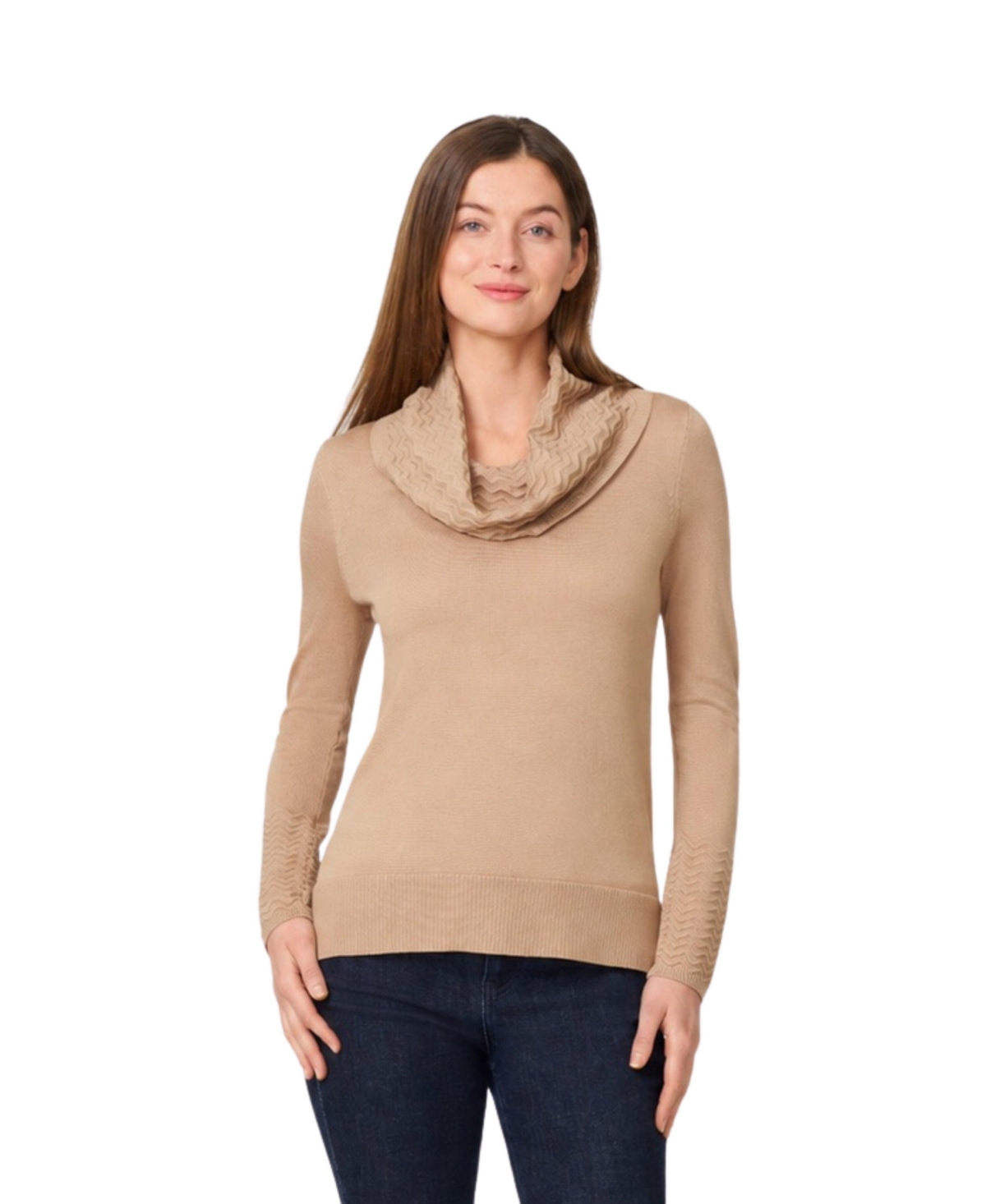 Melissa Paige Petite Chevron-Trimmed High-Low Cowl-Neck Sweater - Camel hair