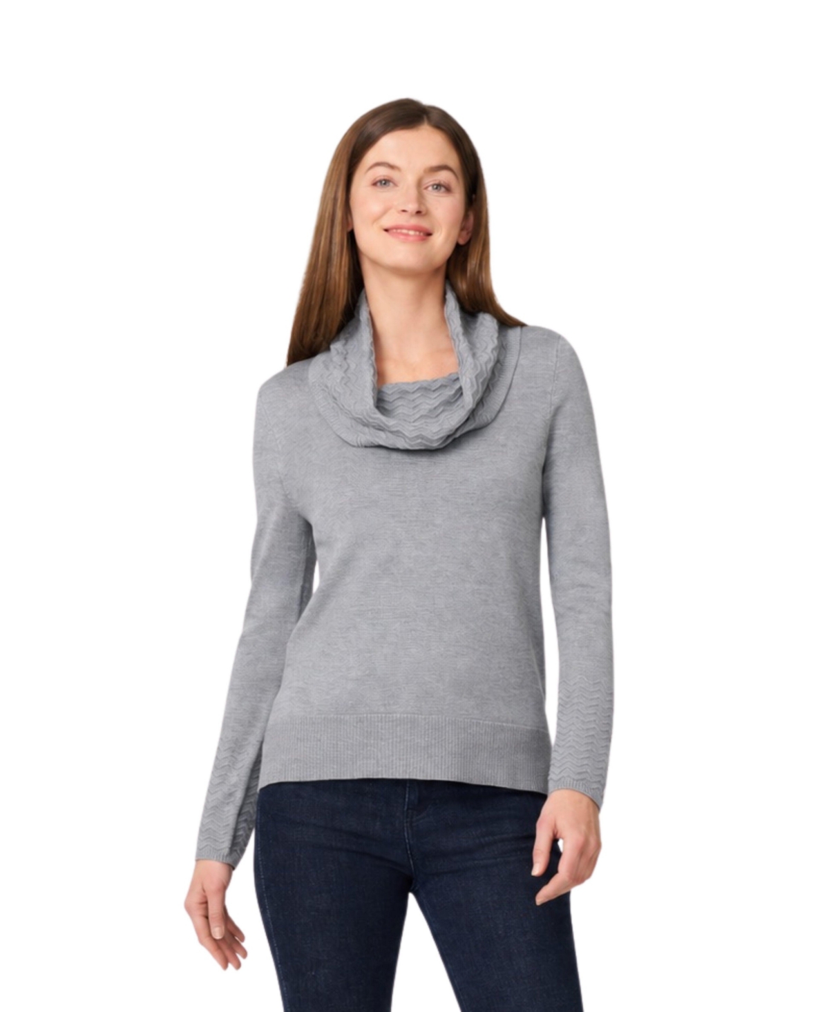 Melissa Paige Petite Chevron-Trimmed High-Low Cowl-Neck Sweater - Heather grey