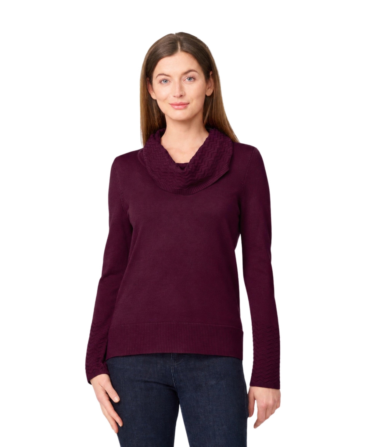 Melissa Paige Petite Chevron-Trimmed High-Low Cowl-Neck Sweater - Cabernet red