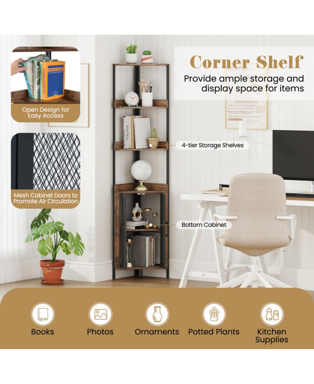 Sugift 67 Inch Tall Corner Bookshelf 6-Tier Industrial Bookcase with Mesh Cabinet