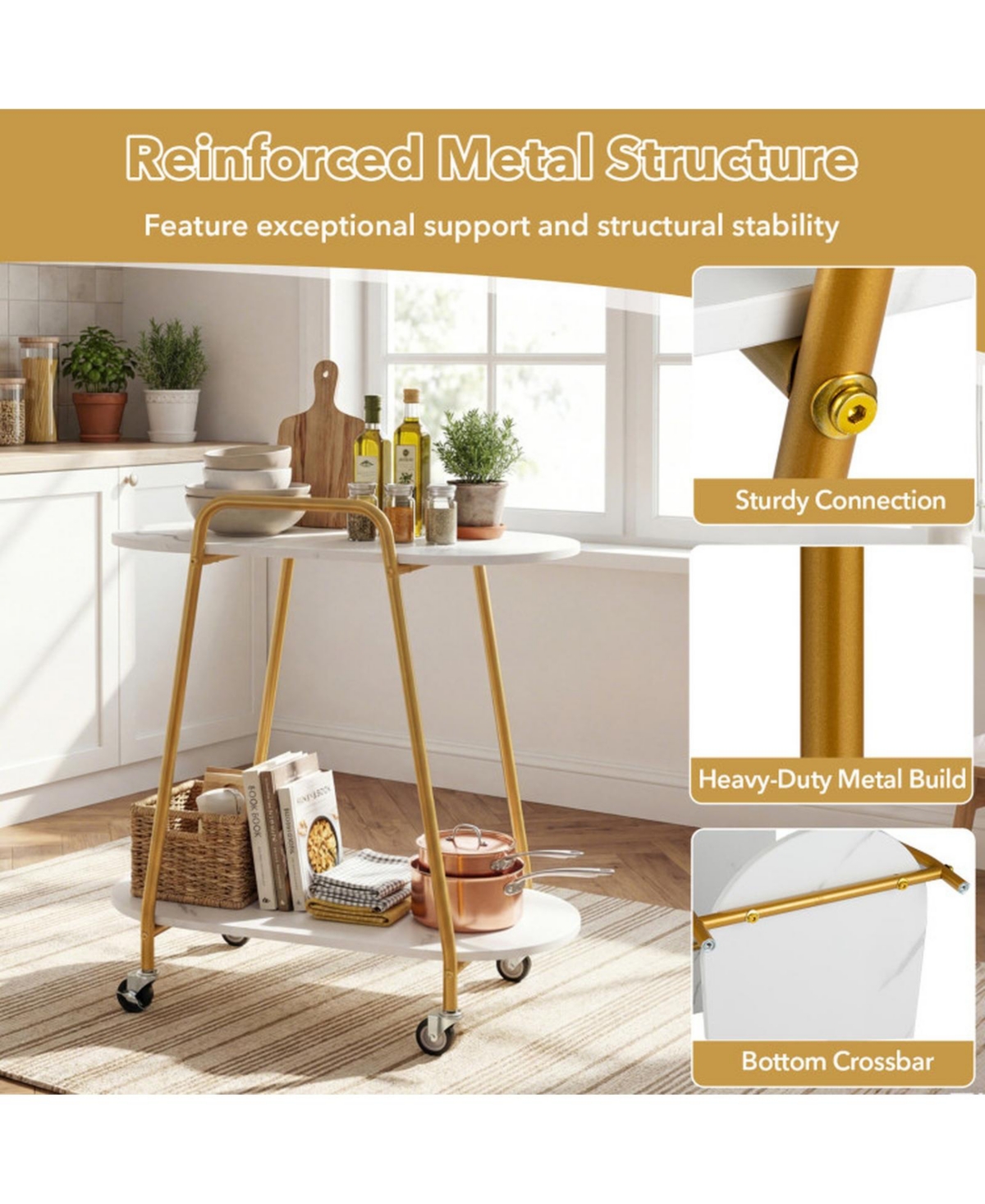 Sugift 2-Tier Rolling End Table with Faux Marble Shelves and Push Handle