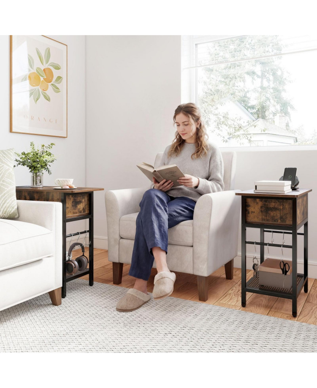 Sugift End Table with Charging Station Flip Top Hidden Compartment and Bottom Wire Shelf