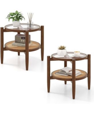 Set of 2 Rattan Round Side End Tables with Tempered Glass Tabletop 2-Tier Storage Design