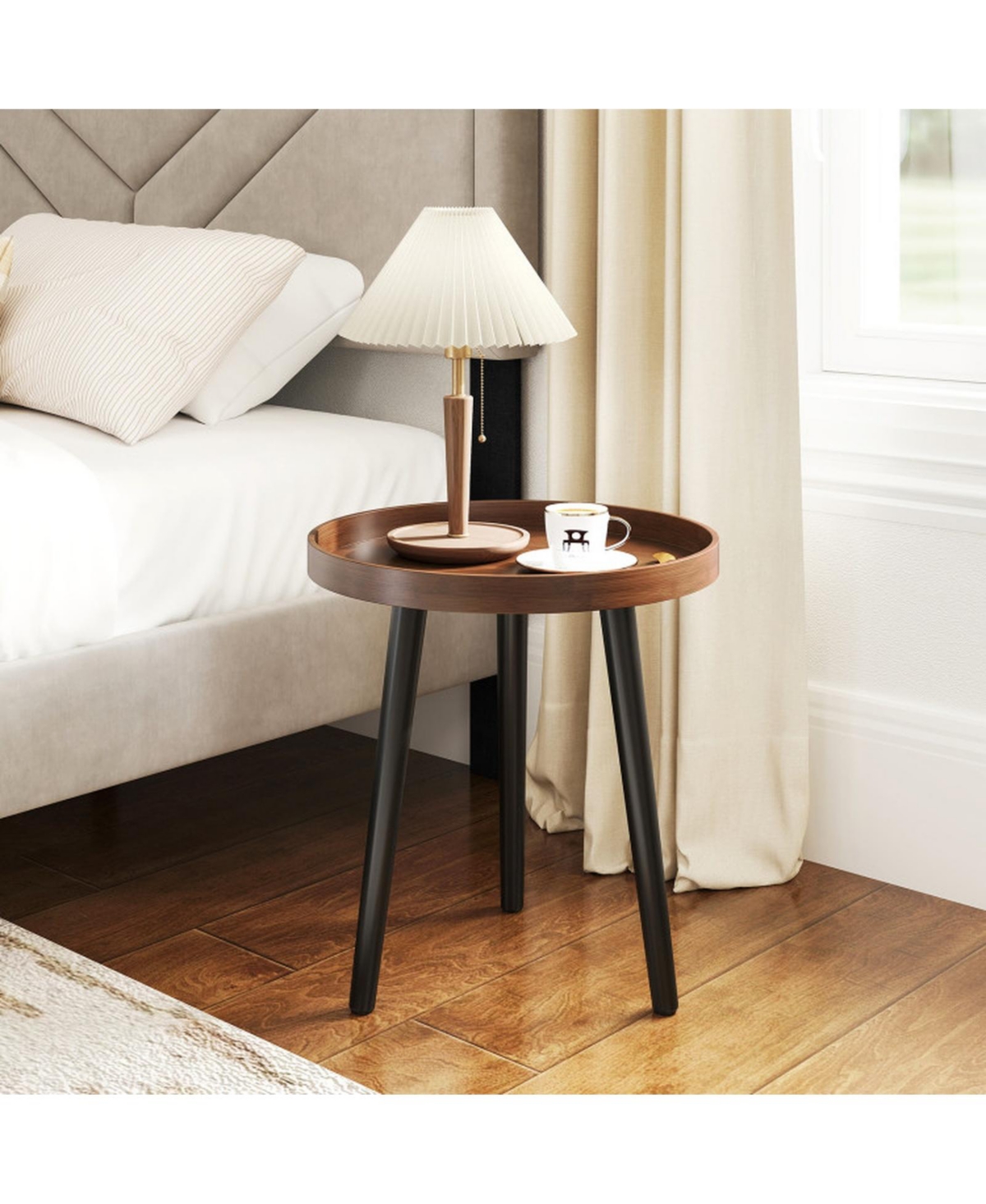Sugift Mid-Century Round Side Table with Removable Wooden Tray Top and Bamboo Legs