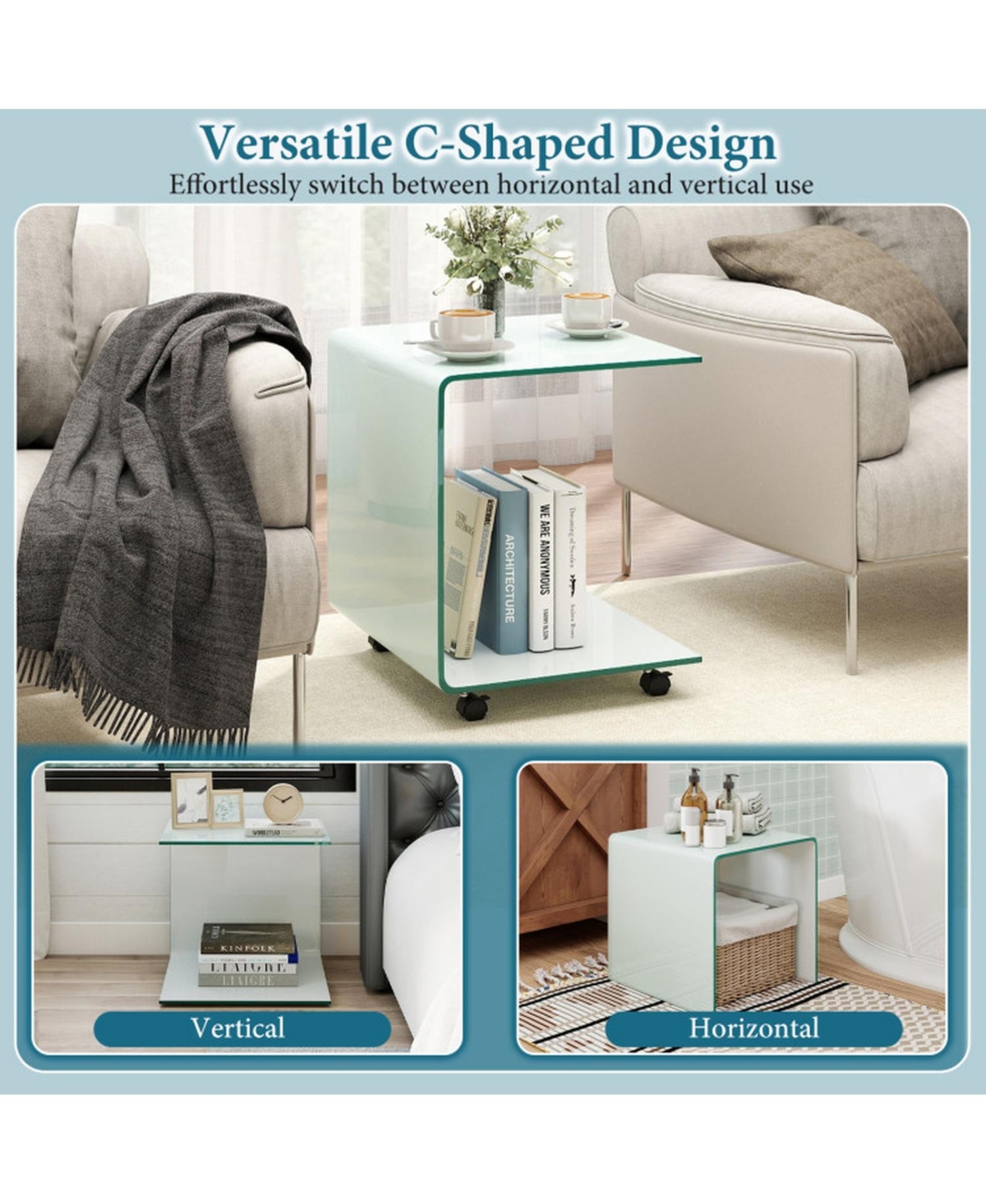 Sugift C-Shaped End Table with Tempered Glass Shelves and Detachable Lockable Wheels